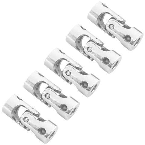 Five silver metal universal joint couplers for RC car steering shafts (3.17–4 mm).