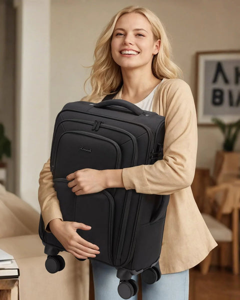 Smiling woman holding Airline Approved 22x14x9 Carry On Luggage With Spinner Wheels LOVEVOOK lightweight softside suitcase, indoor setting
