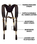 Oil Tanned Leather Tool Belt Suspenders For Men With Heavy Duty Padded Support And Adjustable Chest Strap Built For The Work Site Carpenters And Handyman Pros, showing reinforced rivets and leather loop attachments.