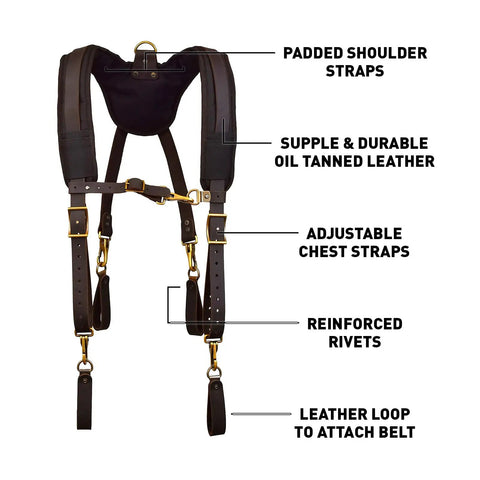 Oil Tanned Leather Tool Belt Suspenders For Men With Heavy Duty Padded Support And Adjustable Chest Strap Built For The Work Site Carpenters And Handyman Pros, showing reinforced rivets and leather loop attachments.
