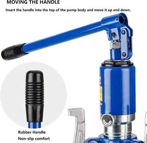 Badass Hydraulic Gear Puller Kit Features Adjustable Two Or Three Jaw Heads To Rip Stuck Hubs Gears Bearings And Axle Mounts Like A Champ Using Heavy Duty Carbon Steel For Daily Grind, showing the blue pump handle and rubber grip.