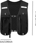 Lightweight Running Vest Backpack With Water Bottle Holder And 3D Mesh Back, front view, black, with adjustable chest straps.