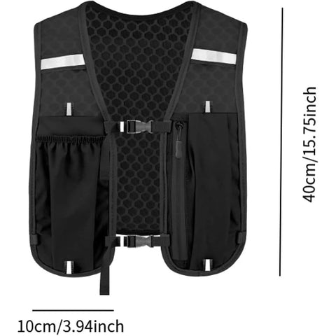 Lightweight Running Vest Backpack With Water Bottle Holder And 3D Mesh Back, front view, black, with adjustable chest straps.
