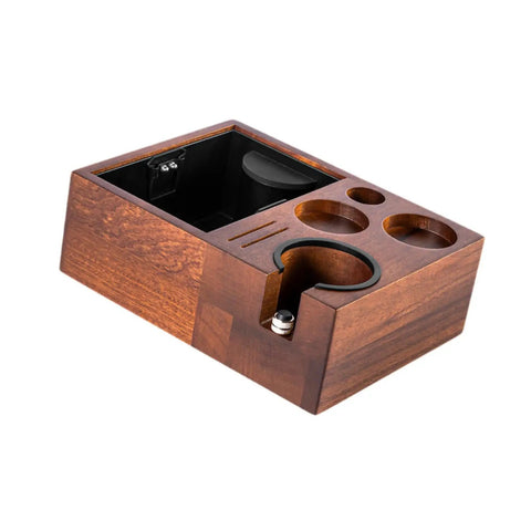 Espresso tamping station featuring a wooden tamper holder and powder distributor, designed for home café setups.