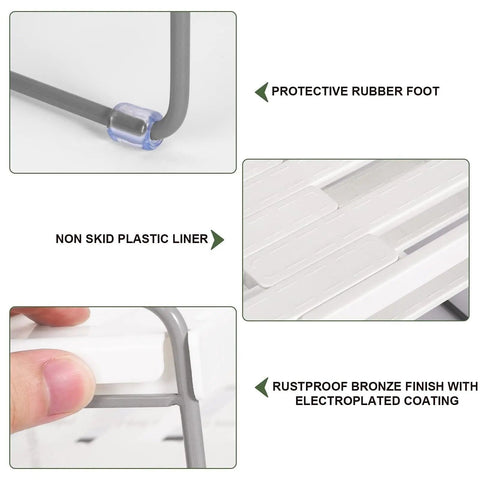 Close-up of Expandable Kitchen Wrap Box Organizer Rack with rustproof bronze finish, non-skid liner, and protective foot.