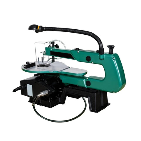 16 Inch Variable Speed Scroll Saw With Rock Solid 120W Motor And Bright Work Light, side view showcasing adjustable speed and lamp.