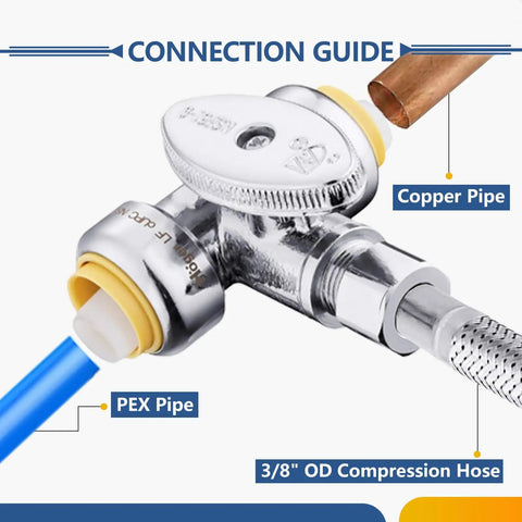 50 Pack Push Fit Tee Stop Valve Set With Quarter Turn Shut Off, Half Inch Push To Half Inch Push And Three Eighth Inch OD Compression Valves With Disconnect Clip, Brass Chrome Plated, Corrosion Resistant, Easy Install For Copper PEX CPVC PE-RT, connection guide