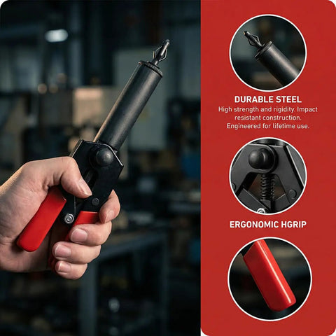 Hand holding 41 Piece Car Rivet Gun Kit with 1 Hand Riveter and 40 Nylon Blind Rivets for fastening door panels and trim.
