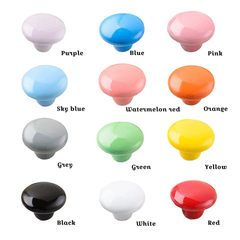 12Pk Straight Up Stunning Premium Ceramic Mushroom Drawer Knobs Retro Colorful Dresser Handles in various colors displayed on a grid.