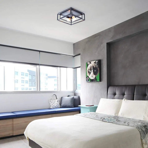 Sleek Black Flush Mount Ceiling Light Square Fixture With Glass Shade And Industrial Metal Cage in modern bedroom interior