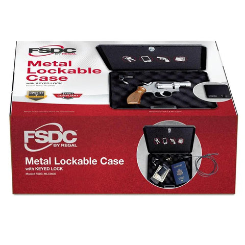 Box packaging for Heavy Duty Lockable Steel Case With Security Cable And Keyed Lock, showing pistol, electronics, and valuables storage.