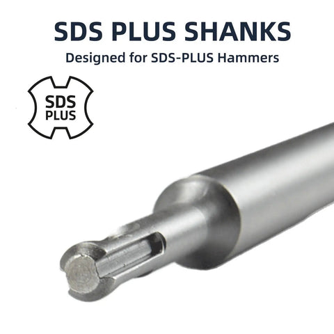 Close-up of SDS Plus shank, part of Beefy 24 Inch SDS Plus Three Piece Chisel Set With 1 Inch Flat Chisel 1 Inch Point Chisel And 3 Inch Scaling Chisels Built For Long Reach Heavy Duty Concrete Demolition And Tile Removal Tool For SDS Plus Hammer Drill Attachment 40Cr Steel.