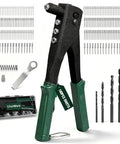 Smooth Operator Heavy Duty Hand Riveting Tool Kit Featuring 180 Aluminum Blind Rivets Across Eight Reliable Sizes For Truly Jam Free Performance On All Daily DIY Projects, displaying tool and accessories.