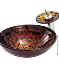 USZWBY Artistic Vessel Sink Bathroom Tempered Glass Vanity Sink, Round Bowl with Waterfall Faucet Chrome and Pop Up Drain Combo, Above Counter Household Lavatory Bowl, Flame Bro - deep round bowl in amber glass with waterfall faucet.