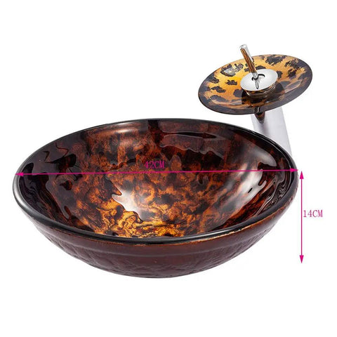 USZWBY Artistic Vessel Sink Bathroom Tempered Glass Vanity Sink, Round Bowl with Waterfall Faucet Chrome and Pop Up Drain Combo, Above Counter Household Lavatory Bowl, Flame Bro - deep round bowl in amber glass with waterfall faucet.