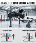 Heavy Duty 1100W Hydraulic Power Unit For Car Lift in garage lifting a vehicle with pump illustrations showing fast lifting and gravity lowering.