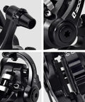 Close-up details of Beefy Dual Piston Caliper Disc Brake Set For Mountain Bikes And More With Alloy Cable Line Pull Brakes Quiet Stopping Power Black 1 Pair Compatible With BMX Road And Fixed Gear Bikes.