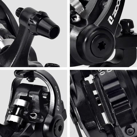 Close-up details of Beefy Dual Piston Caliper Disc Brake Set For Mountain Bikes And More With Alloy Cable Line Pull Brakes Quiet Stopping Power Black 1 Pair Compatible With BMX Road And Fixed Gear Bikes.