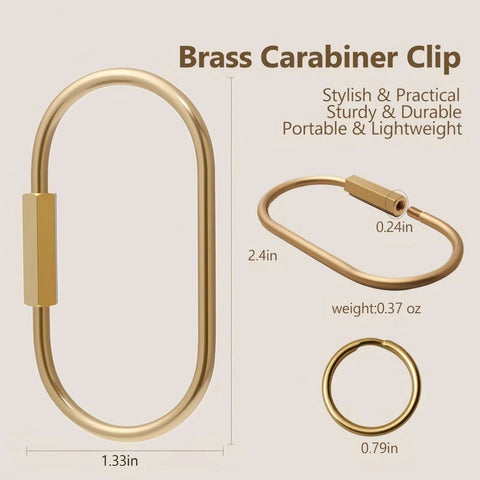 8 Pack Gold Carabiner Keychains With Brass Locking Clips And Screw Lock Key Rings, dimensions and details displayed