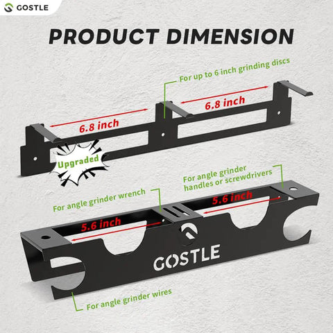 Dimensions of Two Bay Angle Grinder Holder with Disc Hook Rack, metal wall mount organizer for tools, discs, and cords.