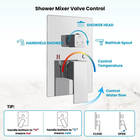 Rainfall Tub Shower Faucet Set With Handheld Sprayer Wall Mount Square High Pressure Shower System Valve Control Guide