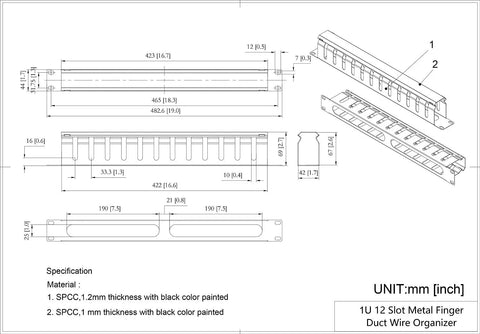 Technical drawing of Two Pack Heavy Duty All Metal 1U 19 Inch Cable Manager With 12 Big Slots Horizontal Rack Mount Wire Organizer