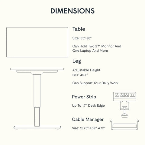 En2 Standing Desk dimensions with 55x28 inch size, adjustable height 28.1-45.7 inches, clamp power strip, and cable manager