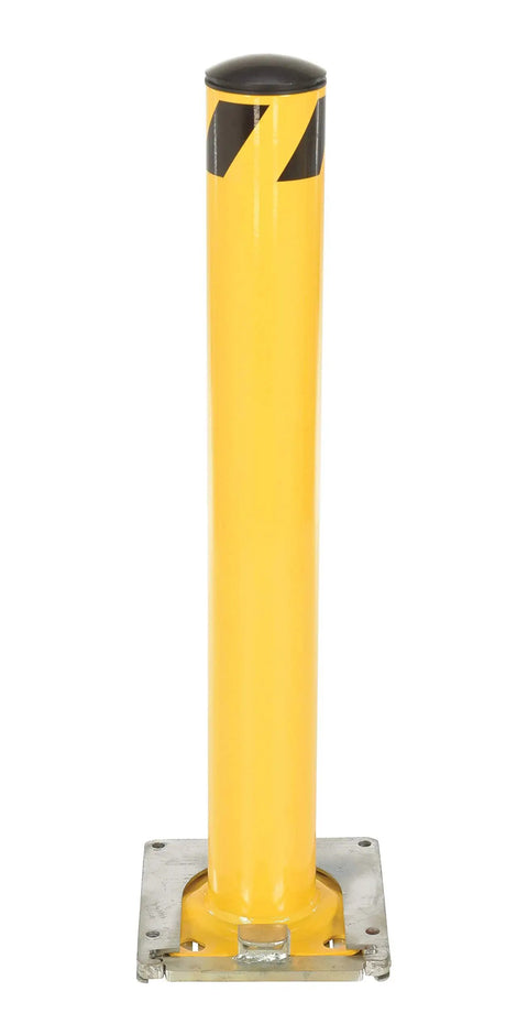 Heavy Duty Steel Safety Bollard 36 Inch Height 4.5 Inch Diameter Surface Mounted Removable Pipe Guard in bright yellow finish.