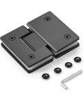 Beefed Up Heavy Duty Frameless Glass Shower Door Hinge Kit 180 Degree Wall to Glass Pivot Clamp 304 Stainless Steel Black Replacement Parts for Showers and Cabinets displayed with screws and hex key.
