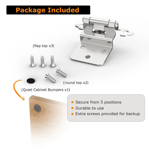 Front view of Chibery 3/8 inch inset cabinet hinges in brushed nickel, self-closing flush-mount with door bumper, 50-pack