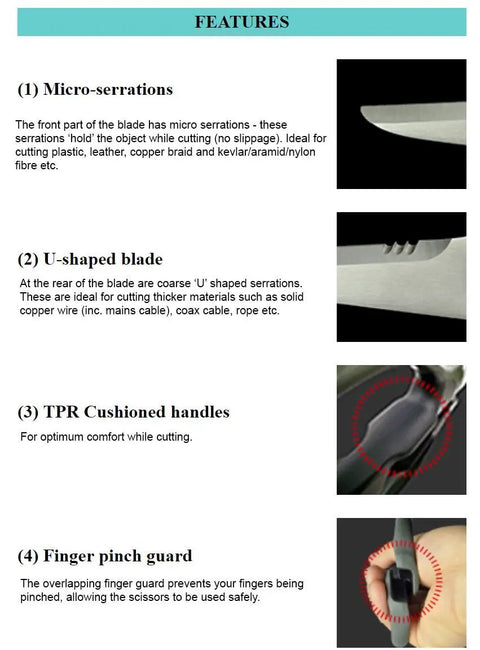 PH 57 8.3 Inch Heavy Duty Combination Scissors Workhorse With Two In One Blades Anti Slip Serrations And U Shaped Tip 210mm Stainless Steel Body For Cutting Cabtire Cable Coaxial Cable Rope Leather And More. features close-up of serrated blade and cushioned handle