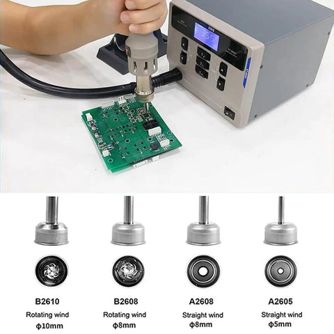 Person using Pro Grade 1000W Hot Air Rework Station with Digital Display on PCB; four spare nozzles shown below