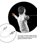 Fencing Body Cord Connector Clip With Double Clips for tight grip, impact-resistant design with fencer in action background.