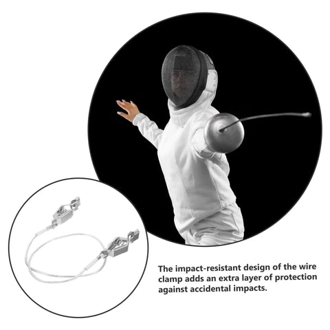 Fencing Body Cord Connector Clip With Double Clips for tight grip, impact-resistant design with fencer in action background.