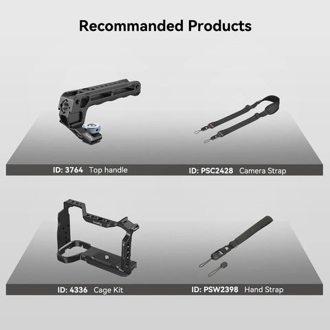 Image showing recommended products including a top handle, camera strap, cage kit, and hand strap with IDs 3764, PSC2428, 4336, and PSW2398.