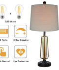 Retro Metal Bedside Lamps Set Of 2 With Touch Control And 3 Way Dimming, USB Charging Ports, Beige Linen Shade