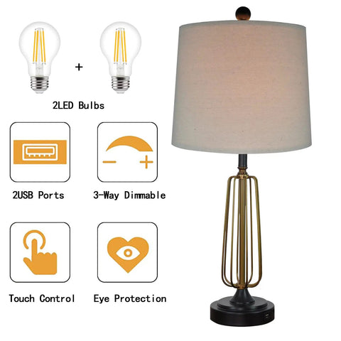 Retro Metal Bedside Lamps Set Of 2 With Touch Control And 3 Way Dimming, USB Charging Ports, Beige Linen Shade