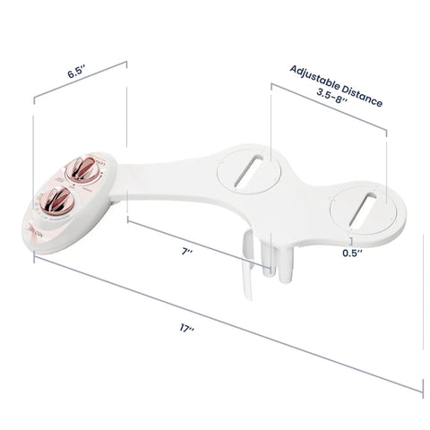 Neo 185 Dual Nozzle Bidet Attachment with dimensions, adjustable fitting, rose gold controls, non-electric design