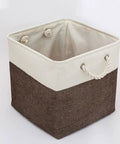 Chunky Foldable Linen Fabric Storage Basket With Tough Cotton Rope Handles, Collapsible Cube Bin For Closets, Laundry Hampers And Laid Back Home Organization, Quick Fold Space Saver in brown and cream.