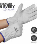 Large Heavy Duty Cowhide Leather Driver Work Gloves For Driving Trucking Construction And Outdoor Tasks With Reinforced Palm And Fingers For Superior Grip Protection In Farming Landscaping Gardening Ranching And DIY. White leather gloves shown on hands.