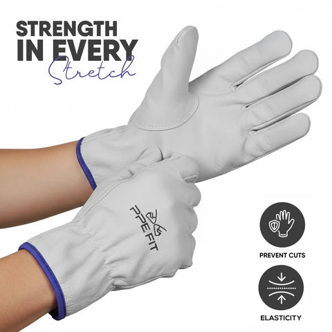 Large Heavy Duty Cowhide Leather Driver Work Gloves For Driving Trucking Construction And Outdoor Tasks With Reinforced Palm And Fingers For Superior Grip Protection In Farming Landscaping Gardening Ranching And DIY. White leather gloves shown on hands.