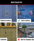 Locker Lock Combination Padlock for School and Gym Lockers Indoor Use, shown on lockers, cabinets, not for outdoor use.