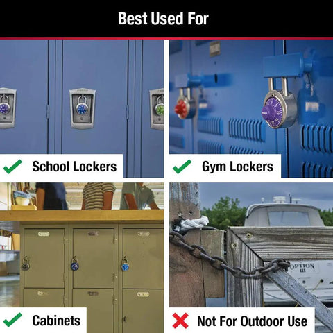 Locker Lock Combination Padlock for School and Gym Lockers Indoor Use, shown on lockers, cabinets, not for outdoor use.