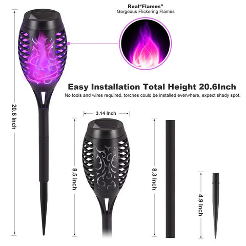 Diagram of 12 Pack Solar Torch Lights with Lit Flickering Flame, 20.6 inches tall, featuring LED flame effect, for garden decor.
