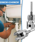 Heavy Duty Hex Shank Pipe Threading Tool For PPR PVC MPP Pipes Dual Internal External Thread Cutter With Quick Change Bits For Power Drill plumbing use, showing dual cutter heads for 1/2 inch and 3/4 inch pipes.