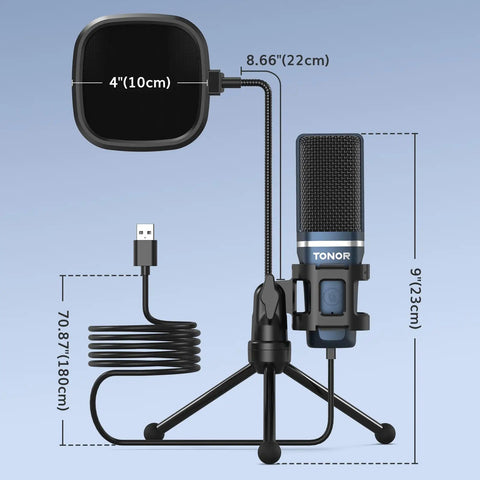 USB Podcast Microphone With Cardioid Condenser Pickup, Tripod Stand and Pop Filter, showing dimensions and USB cord