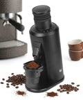 Stepless Adjustment Espresso Coffee Grinder Featuring 80Mm Stainless Steel Flat Burrs For Pour Over French Press And Cold Brew with coffee grounds.