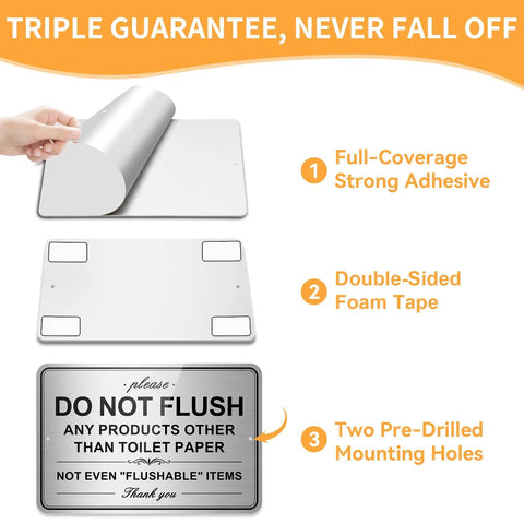 Two Pack Do Not Flush Signs For Bathroom Self Adhesive Aluminum Signs Please Do Not Flush Anything Except Toilet Paper For Home And Business Nine By Six Inches showing adhesive details and mounting options