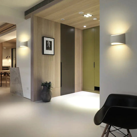 Modern interior with Dope LED Wall Sconce Light 7W Warm White 2700K Up And Down Plaster Finish Indoor Wall Lamps illuminating hallway