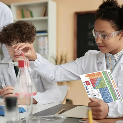 Students in lab with 8x11 Inch Periodic Table Of Elements Chart Poster For Chemistry Reference PVC Durable Waterproof And Tear Resistant